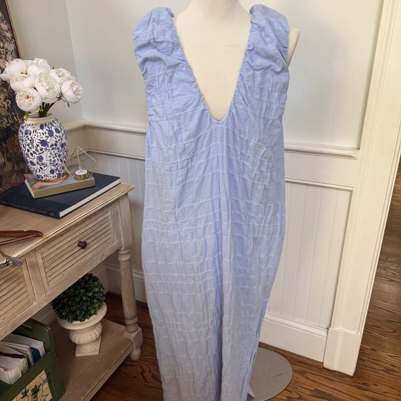 Free People Dresses & Skirts - Free People Agatha Dress Turtledove Texture Corn Blue V-Neck Open Back Dress L